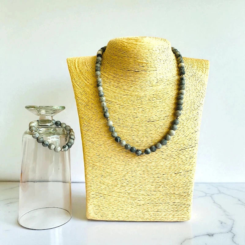 Art Jasper Set | Grey Picasso Jasper - For Kids Girls | Includes: Necklace & Bracelet