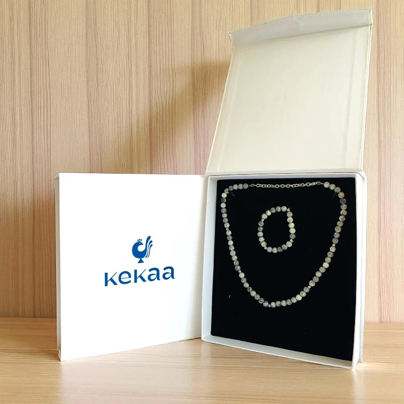 Art Jasper Set | Grey Picasso Jasper - For Kids Girls | Includes: Necklace & Bracelet