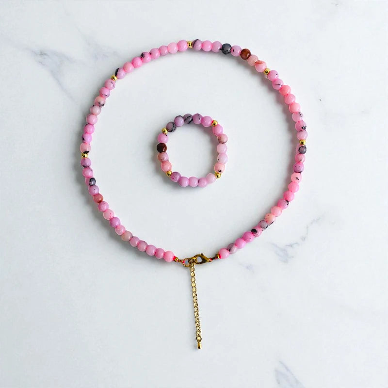 Blossom Jasper Set | Cherry Blossom Jasper - For Kids Girls | Includes: Necklace & Bracelet