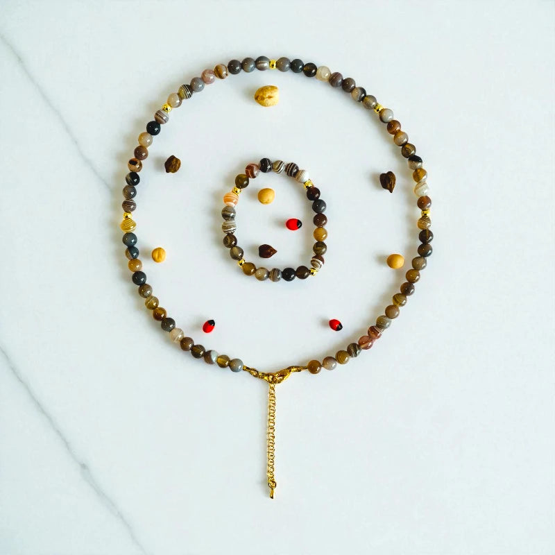 Striped Botswana Set | Botswana Agate - For Kids Girls | Includes: Necklace & Bracelet