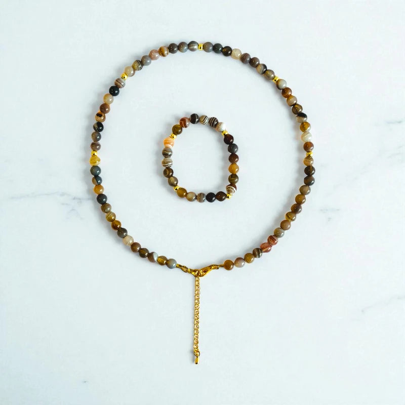 Striped Botswana Set | Botswana Agate - For Kids Girls | Includes: Necklace & Bracelet