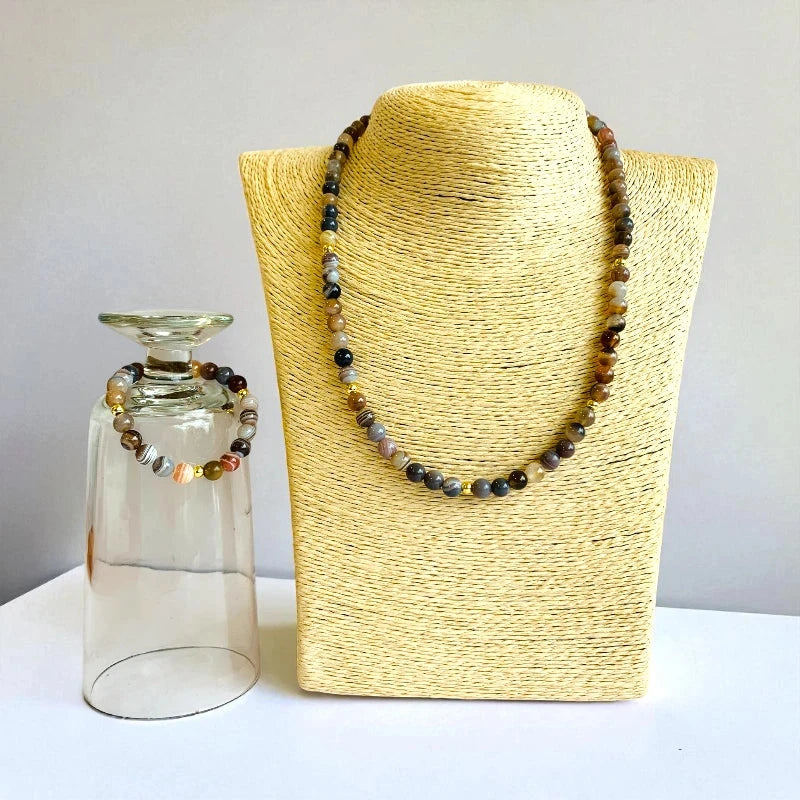 Striped Botswana Set | Botswana Agate - For Kids Girls | Includes: Necklace & Bracelet