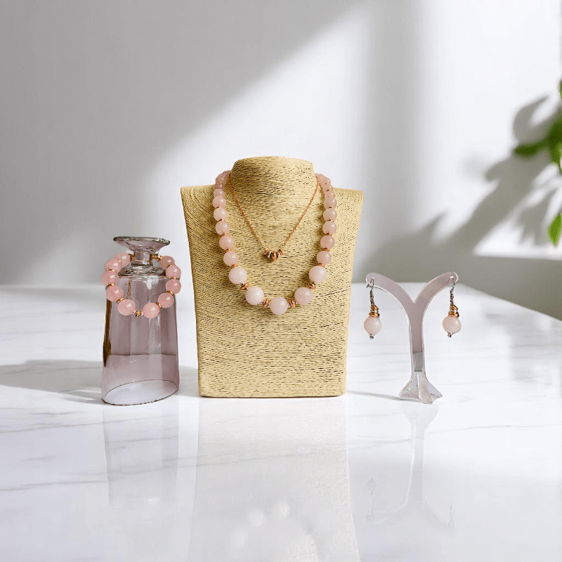 Tender Radiance Set | Rose Quartz Stone & 18K Gold Plating - For Women | Includes: 2 Necklaces, Bracelet, Earring