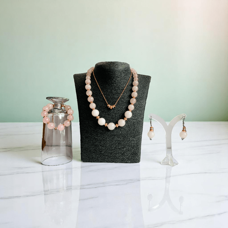 Tender Radiance Set | Rose Quartz Stone & 18K Gold Plating - For Women | Includes: 2 Necklaces, Bracelet, Earring