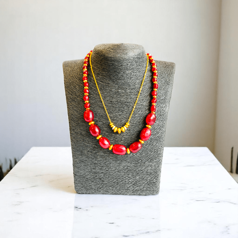 Radiant Flame Set | Red Onyx Stone & 18K Gold Plating - For Women | Includes: 2 Necklaces, Bracelet, Earring