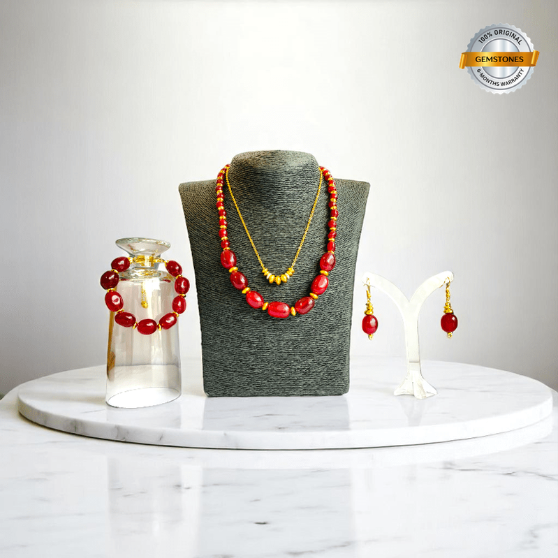 Radiant Flame Set | Red Onyx Stone & 18K Gold Plating - For Women | Includes: 2 Necklaces, Bracelet, Earring