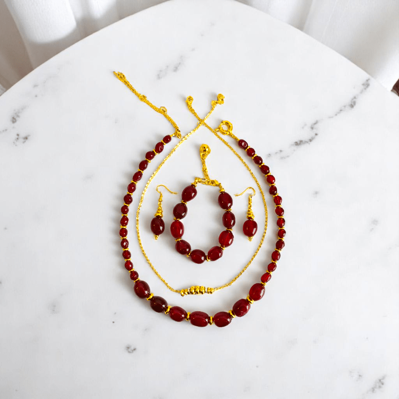 Radiant Flame Set | Red Onyx Stone & 18K Gold Plating - For Women | Includes: 2 Necklaces, Bracelet, Earring