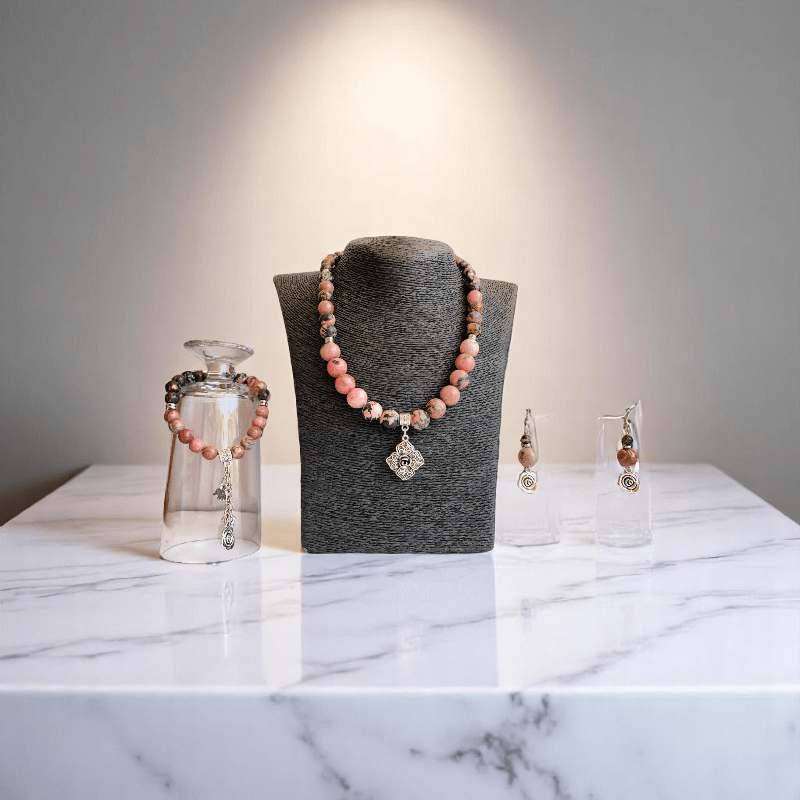 Blush Steel Set | Rhodonite Stone & Stainless Steel - For Women | Includes: Necklace, Bracelet, Earrings