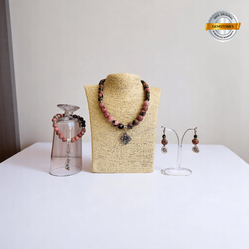 Blush Steel Set | Rhodonite Stone & Stainless Steel - For Women | Includes: Necklace, Bracelet, Earrings