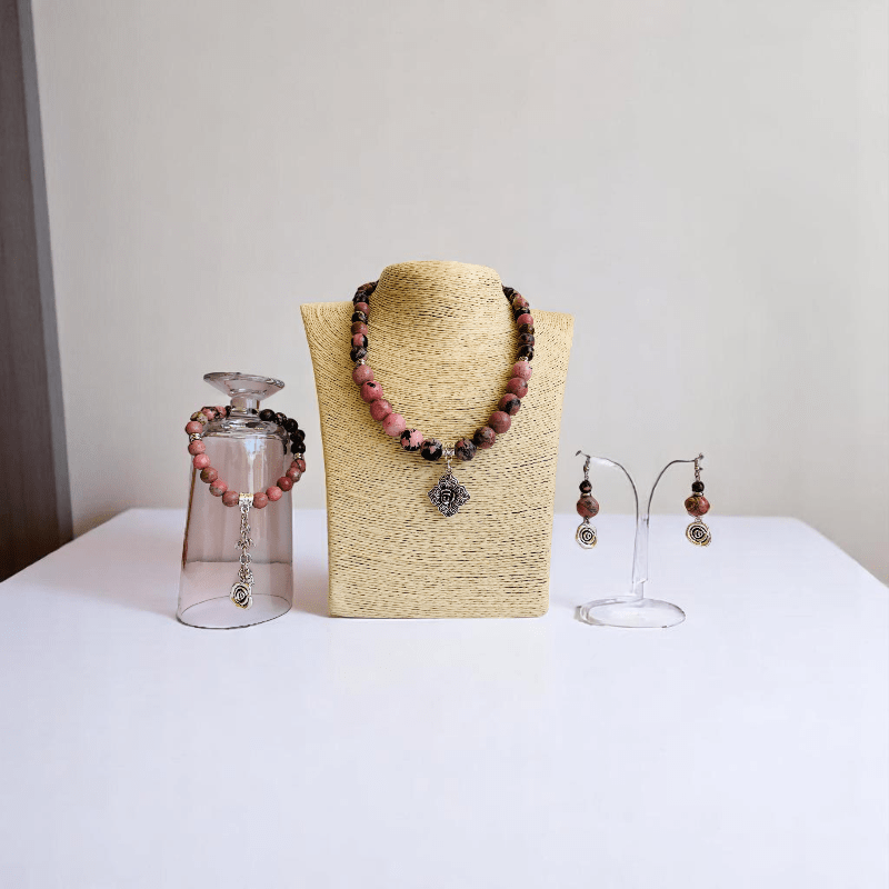 Blush Steel Set | Rhodonite Stone & Stainless Steel - For Women | Includes: Necklace, Bracelet, Earrings