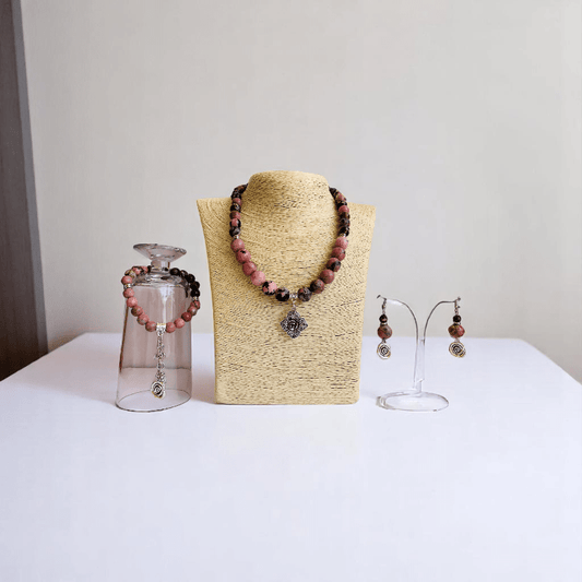 Blush Steel Set | Rhodonite Stone & Stainless Steel - For Women | Includes: Necklace, Bracelet, Earrings