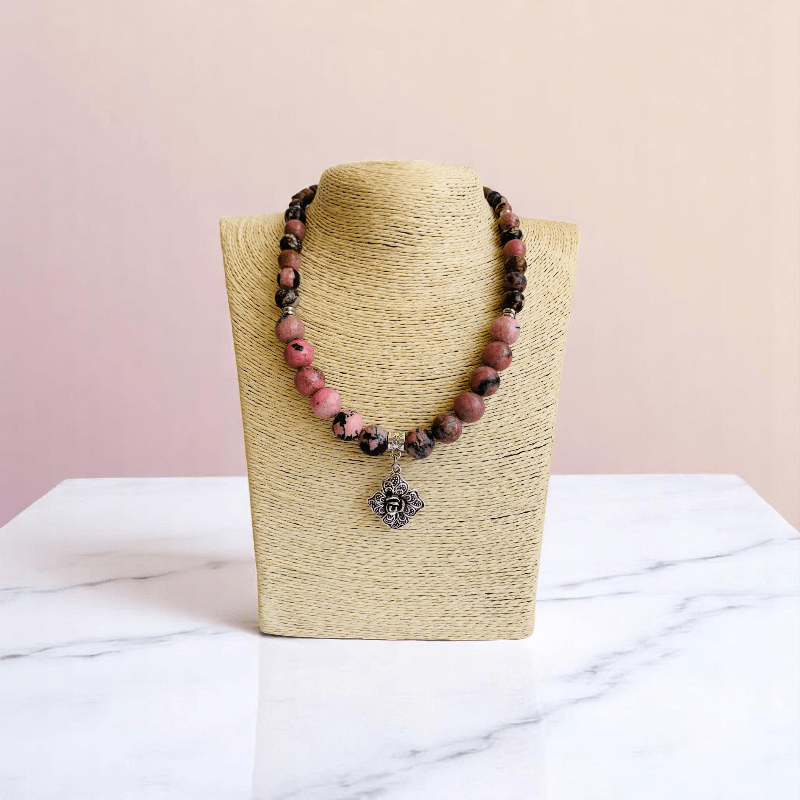 Blush Steel Set | Rhodonite Stone & Stainless Steel - For Women | Includes: Necklace, Bracelet, Earrings