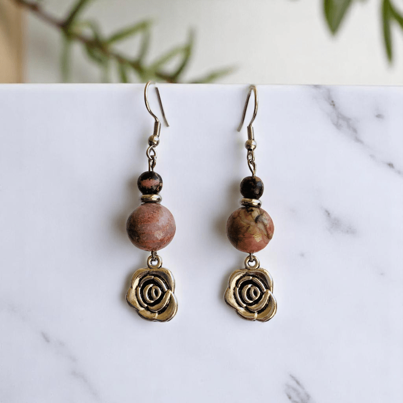 Blush Steel Set | Rhodonite Stone & Stainless Steel - For Women | Includes: Necklace, Bracelet, Earrings