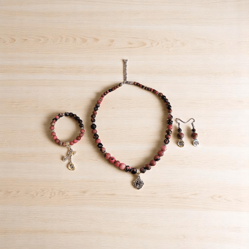 Blush Steel Set | Rhodonite Stone & Stainless Steel - For Women | Includes: Necklace, Bracelet, Earrings