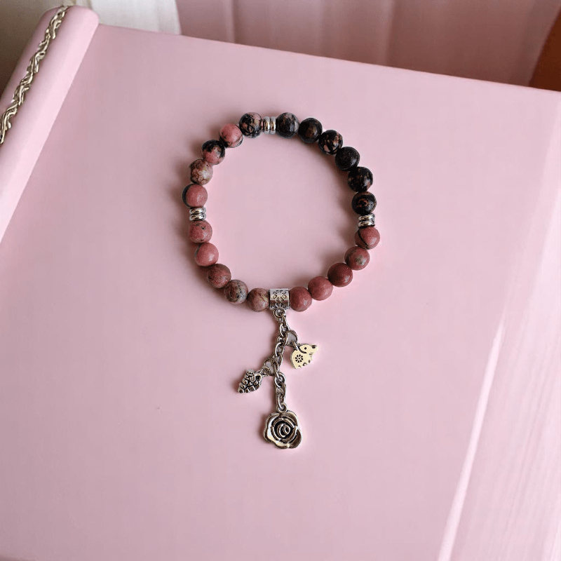 Blush Steel Set | Rhodonite Stone & Stainless Steel - For Women | Includes: Necklace, Bracelet, Earrings