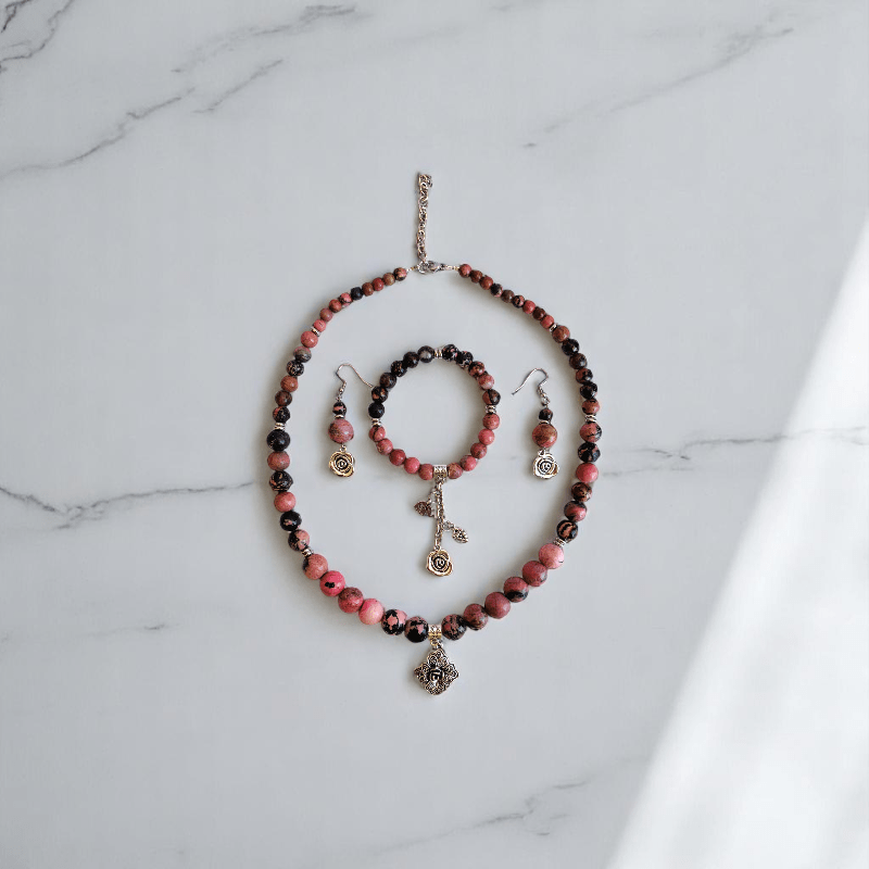 Blush Steel Set | Rhodonite Stone & Stainless Steel - For Women | Includes: Necklace, Bracelet, Earrings
