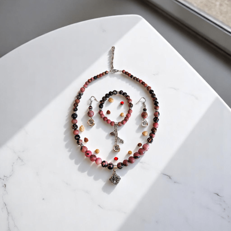 Blush Steel Set | Rhodonite Stone & Stainless Steel - For Women | Includes: Necklace, Bracelet, Earrings