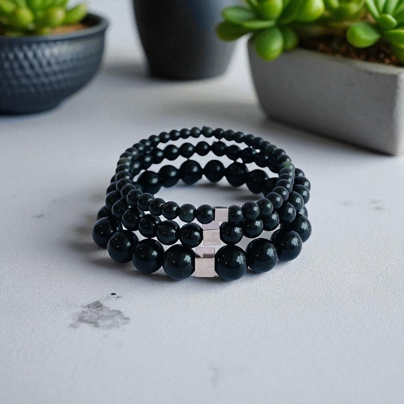 Strength Layered Bracelets | Black Obsidian - For Men | Includes: Bracelets (Set of 3)