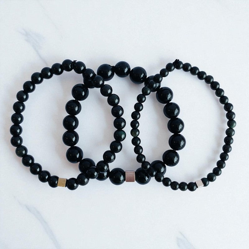 Strength Layered Bracelets | Black Obsidian - For Men | Includes: Bracelets (Set of 3)