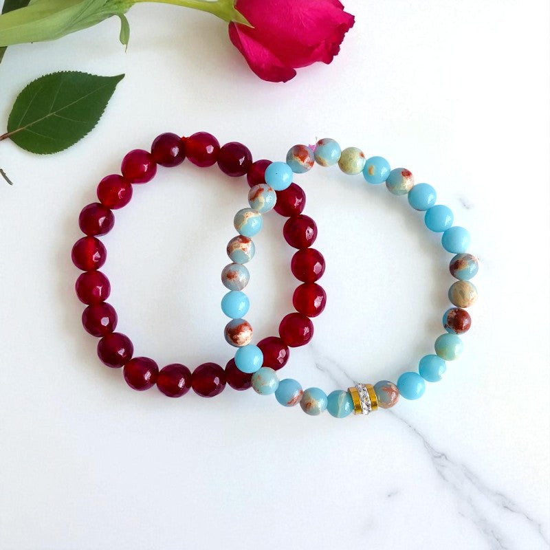 Balanced Duo | Aquamarine & Red Onyx - For Women | Includes: Bracelets (Set of 2)