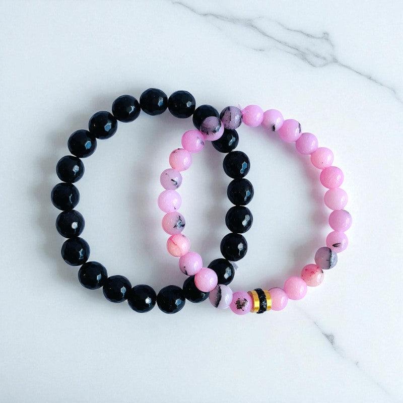 Elegant Duo | Pink Opal & Obsidian - For Women | Includes: Bracelets (Set of 2)