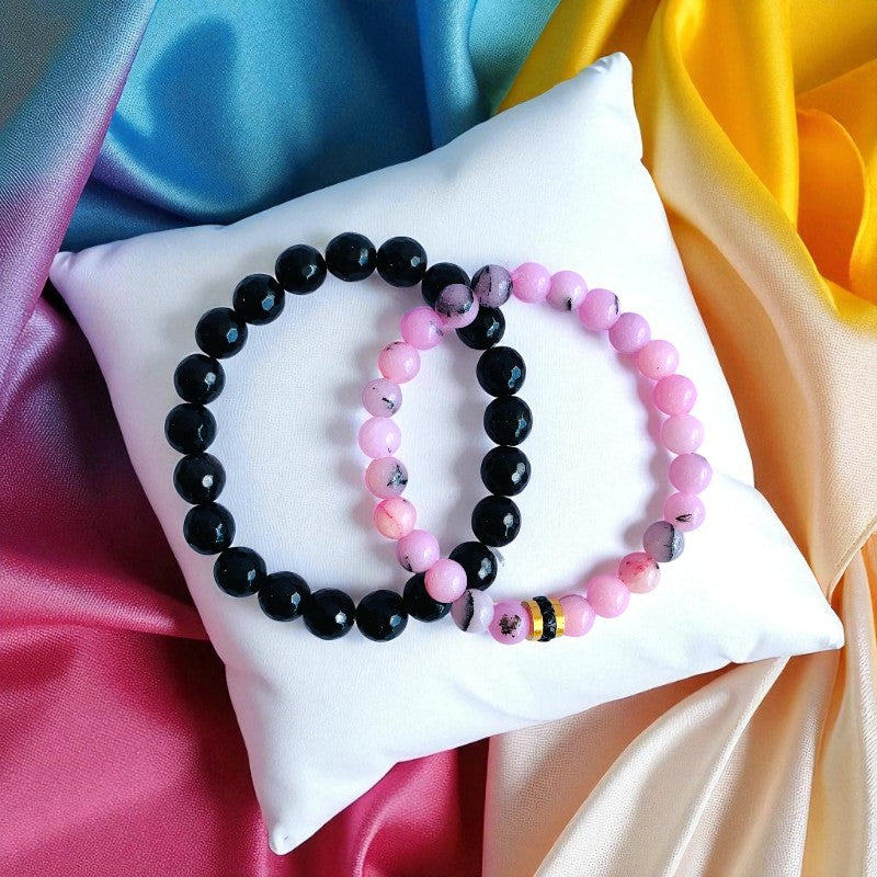Elegant Duo | Pink Opal & Obsidian - For Women | Includes: Bracelets (Set of 2)