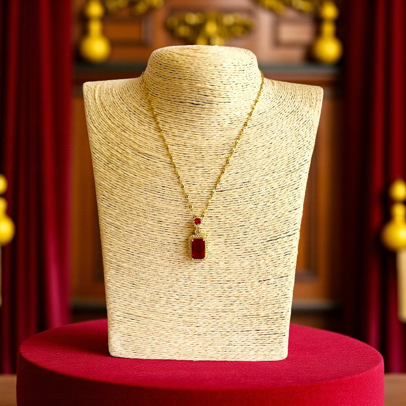 Solitaire Red Zircon Necklace | 18K PVD Gold Plated - For Women | Includes: Necklace