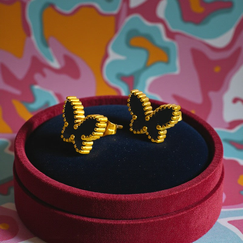 Black Butterfly Dainty Earring | 18K PVD Gold Plated - For Women | Includes: Earring