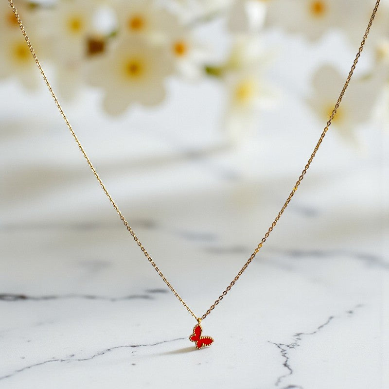 Red Butterfly Necklace | 18K PVD Gold Plated - For Women | Includes: Necklace