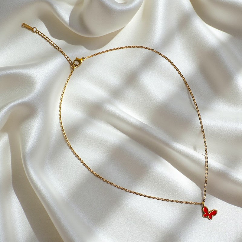 Red Butterfly Necklace | 18K PVD Gold Plated - For Women | Includes: Necklace