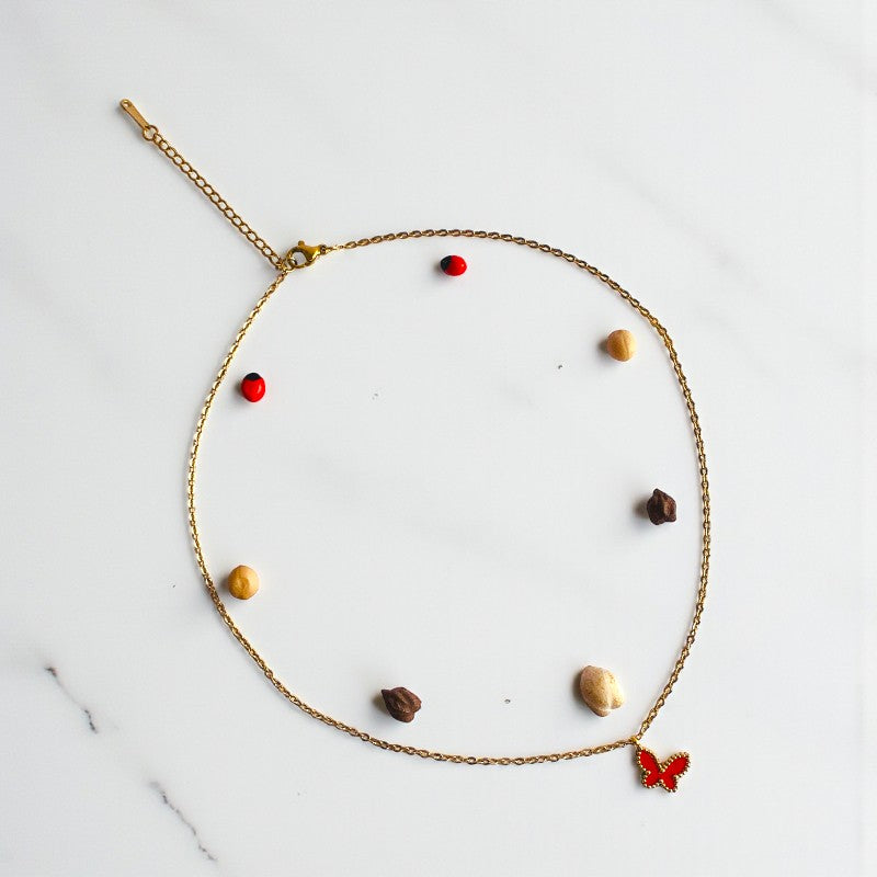 Red Butterfly Necklace | 18K PVD Gold Plated - For Women | Includes: Necklace