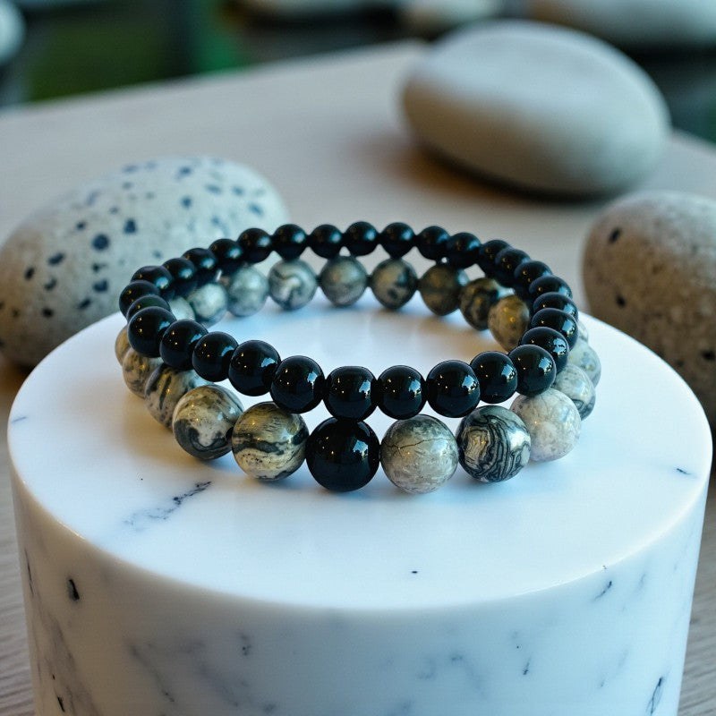 Strength Stacked Bracelets | Obsidian - For Unisex | Includes: Bracelets (Set of 2)