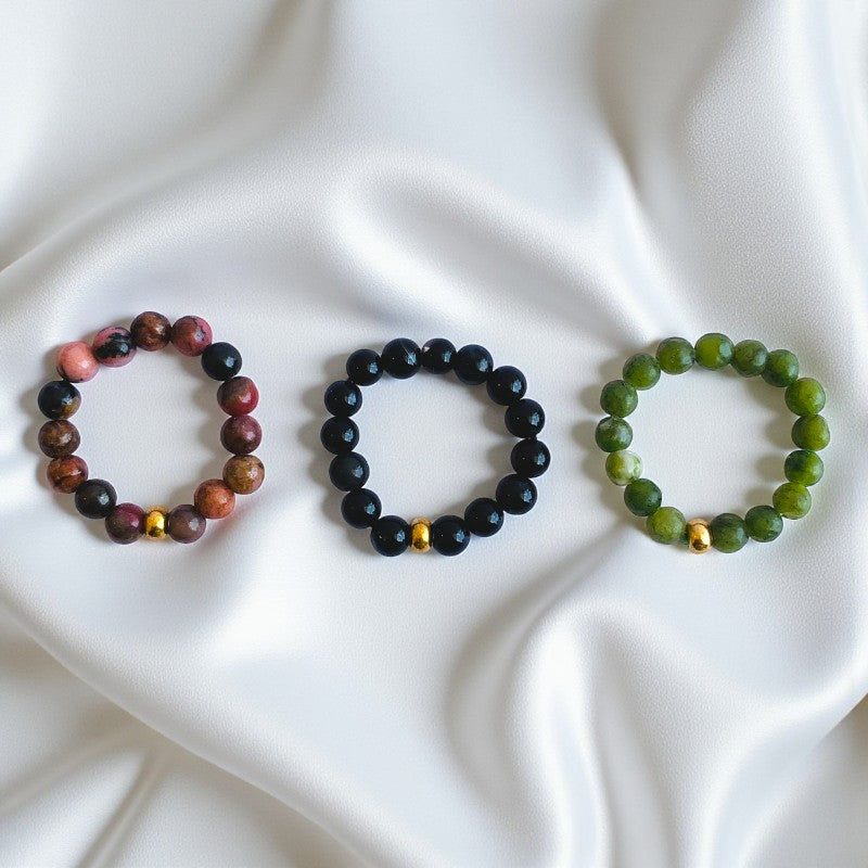 Flexi Modern Rings | Jade & Obsidian Gemstones - For Women | Includes: Rings (Set of 3)