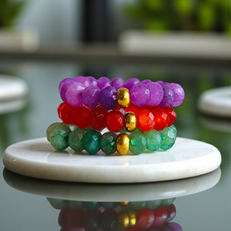 Flexi Modern Rings | Red, Green & Purple Gemstones - For Women | Includes: Rings (Set of 3)