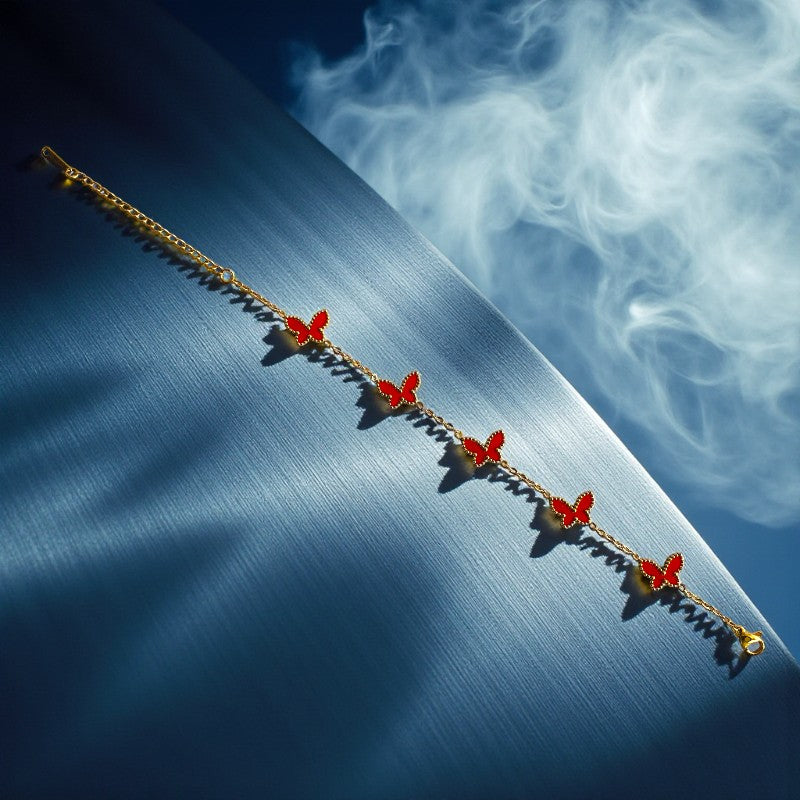 Red Butterfly Dainty Bracelet | 18K PVD Gold Plated - For Women | Includes: Bracelet