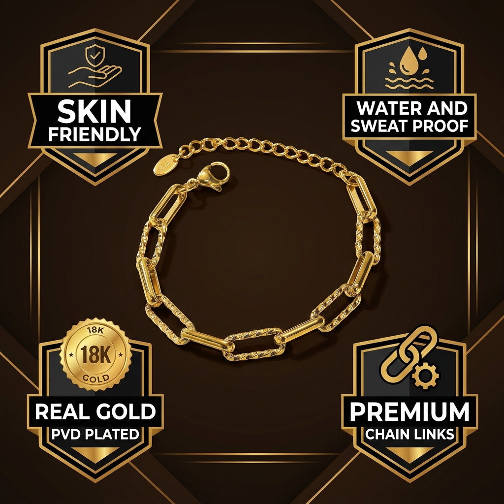 Wide Link Everyday Flexi Size Golden Steel Bracelet | 18K PVD Gold Plated- For Men | Includes: Bracelet
