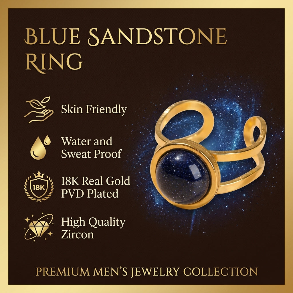 Blue Sand Stone Flexi Size Golden Ring | 18K Real Gold PVD Platedβ For Men | Includes: Ring