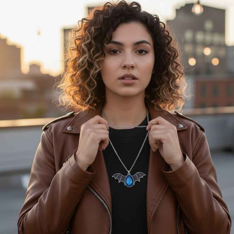Night Flight Necklace | Silver Bat Pendant with Blue Stone | Unisex
