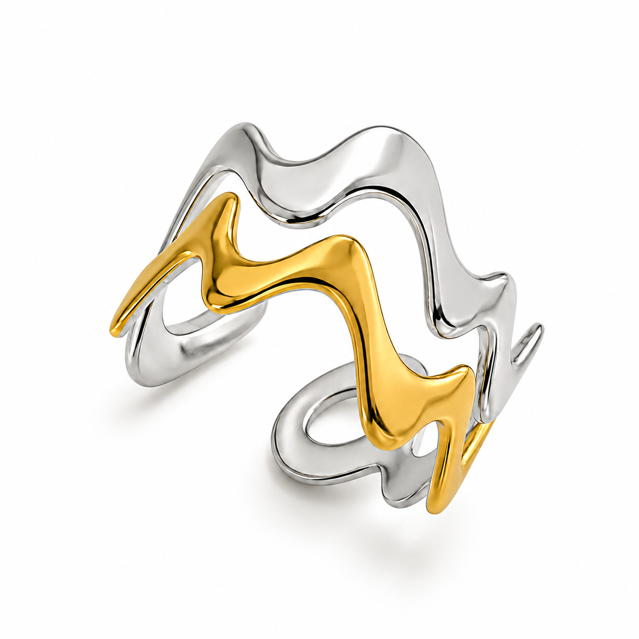 Trendy Golden Silver Wavy Flexi Size Ring | 18K PVD Gold Plated- For Women | Includes: Ring