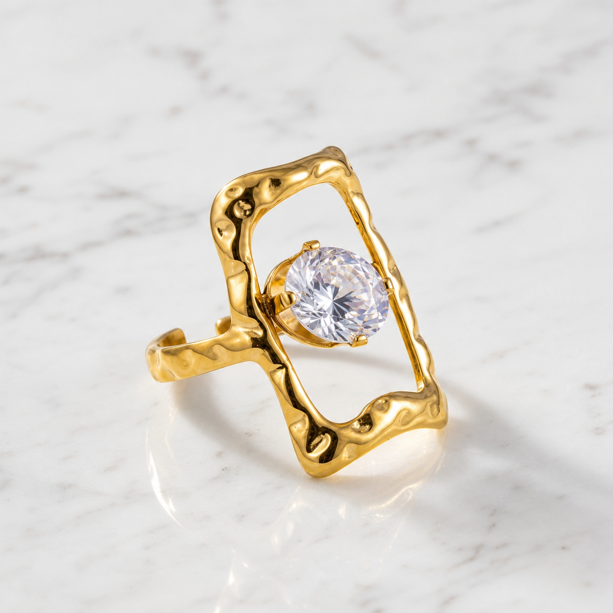 Trendy Organic Shape Solitaire Zircon Flexi Size Ring | 18K PVD Gold Plated- For Women | Includes: Ring