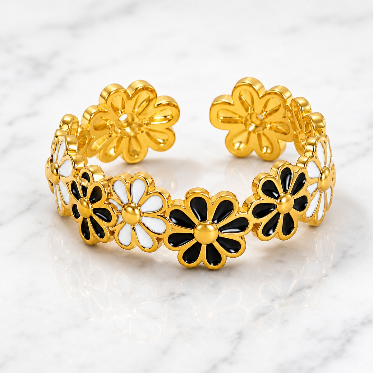 Black-White Flower Flexi Size Ring | 18K PVD Gold Plated- For Women | Includes: Ring