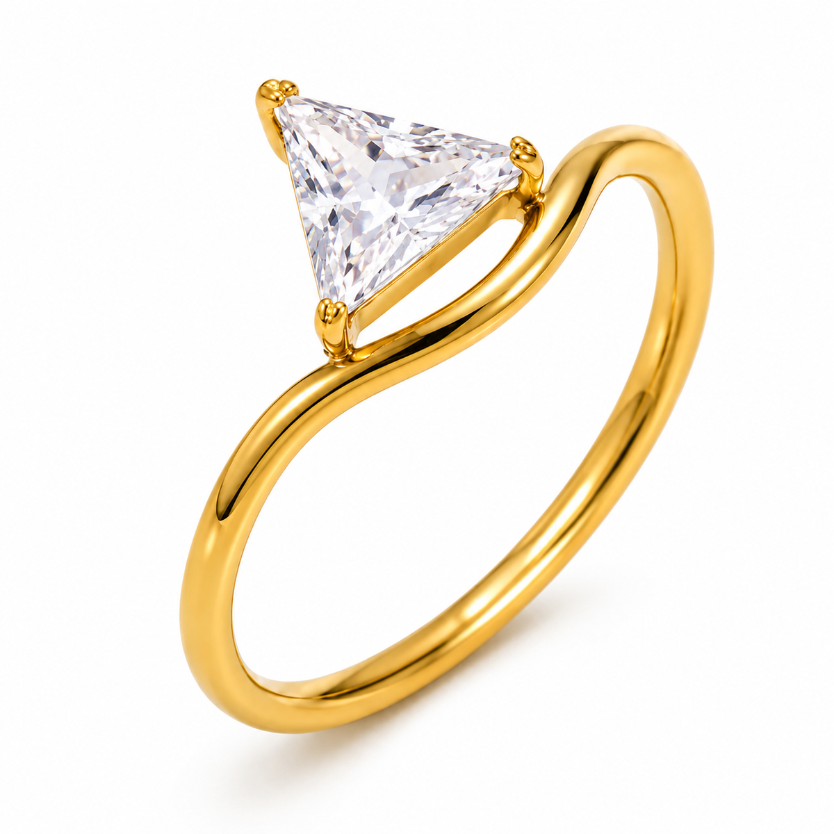 Wavy Ultra Dainty Triangular Solitaire Zircon Ring | 18K PVD Gold Plated- For Women | Includes: Ring