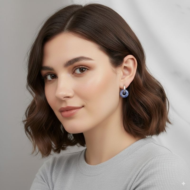 Ocean Mist Hoop Earrings | Sodalite Stone & Silver PVD Plated - For Women | Includes: Earrings