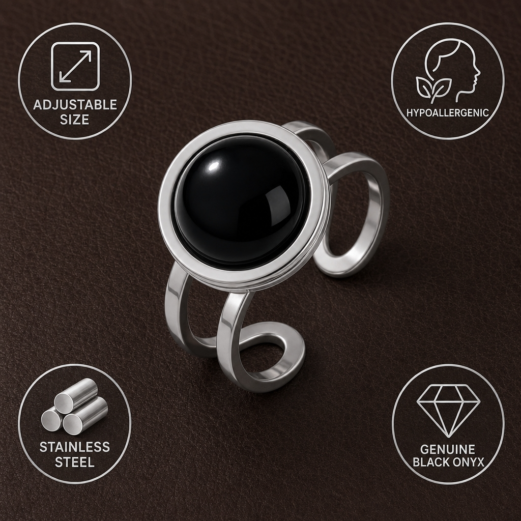 Adjustable Ring with Black Obsidian Stone| Silver Plated -For Women | Includes: Ring