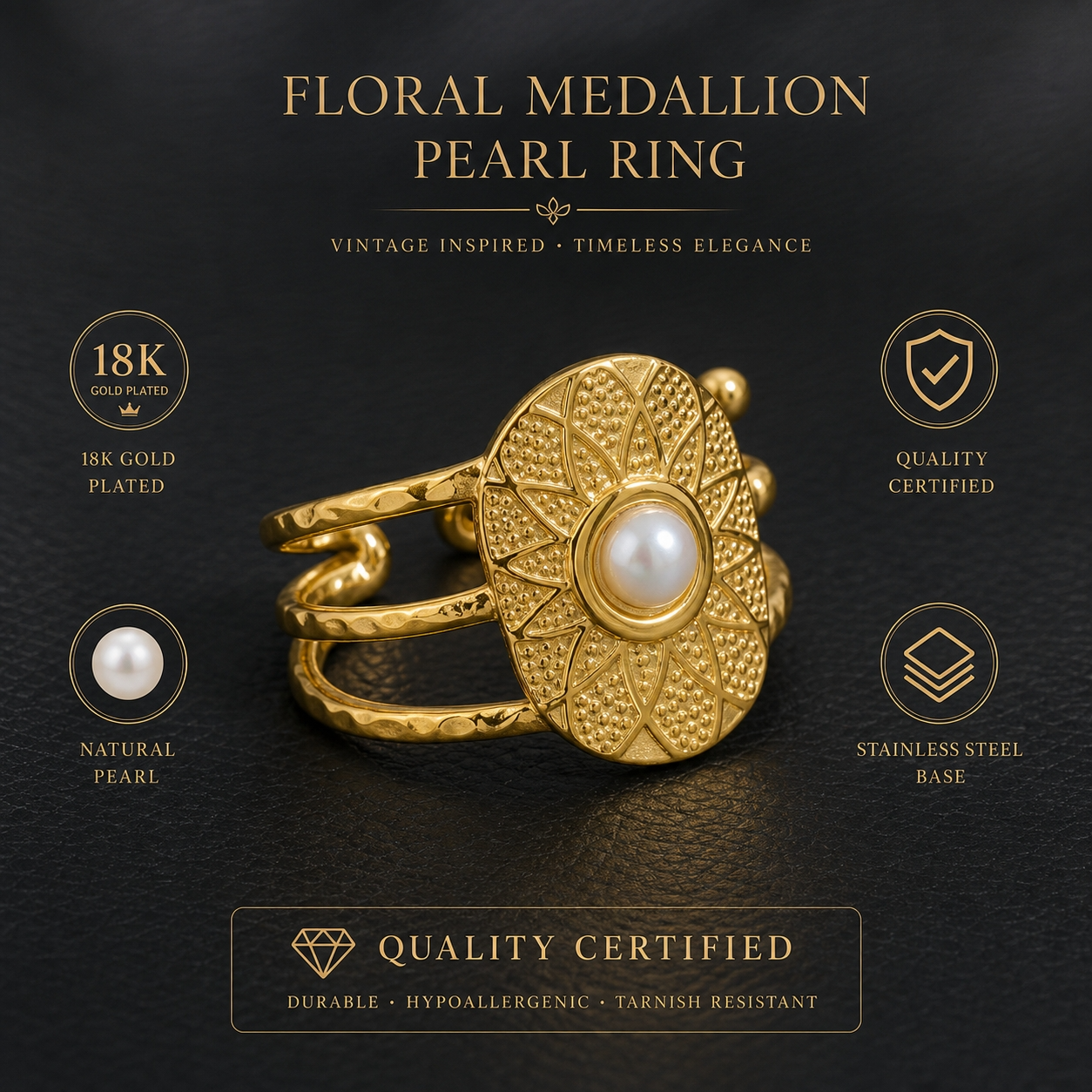 Ethnic Sun Pearl Flexi Size Golden Ring | 18K PVD Gold Plated- For Women | Includes: Ring