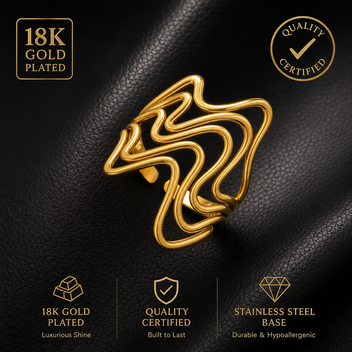 Organic Multi-Wave Dainty Flexi Size Ring | 18K PVD Gold Plated- For Women | Includes: Ring
