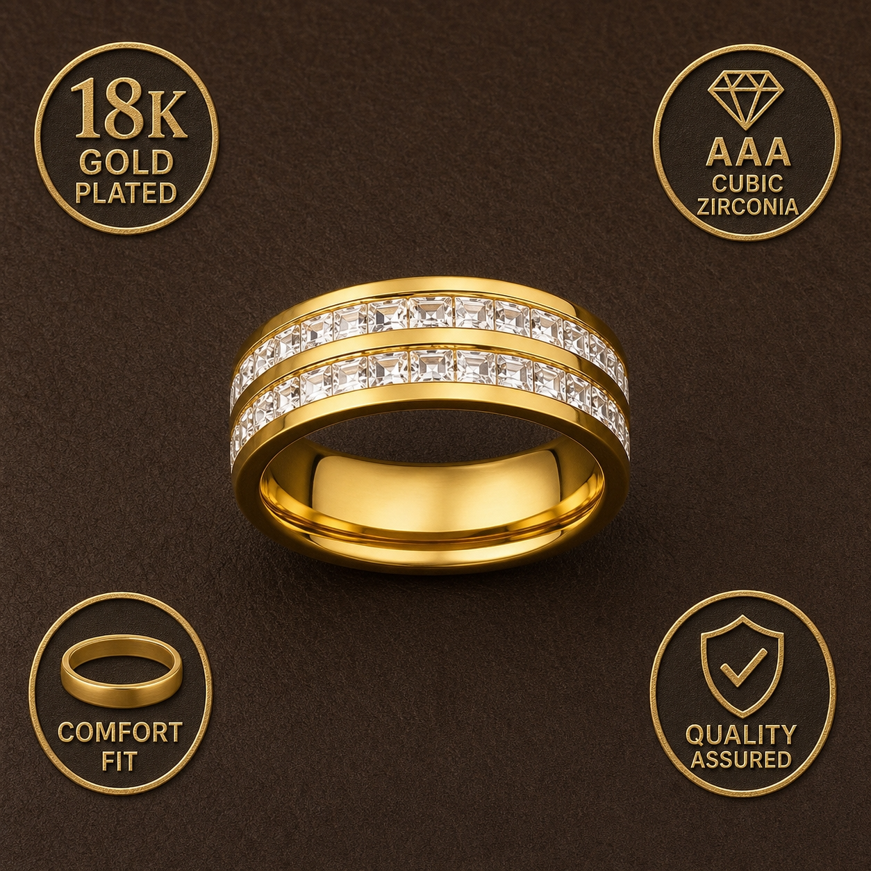 Zircon Line Titanium Steel Golden Ring | 18K Real Gold PVD Plated– For Women | Includes: Ring