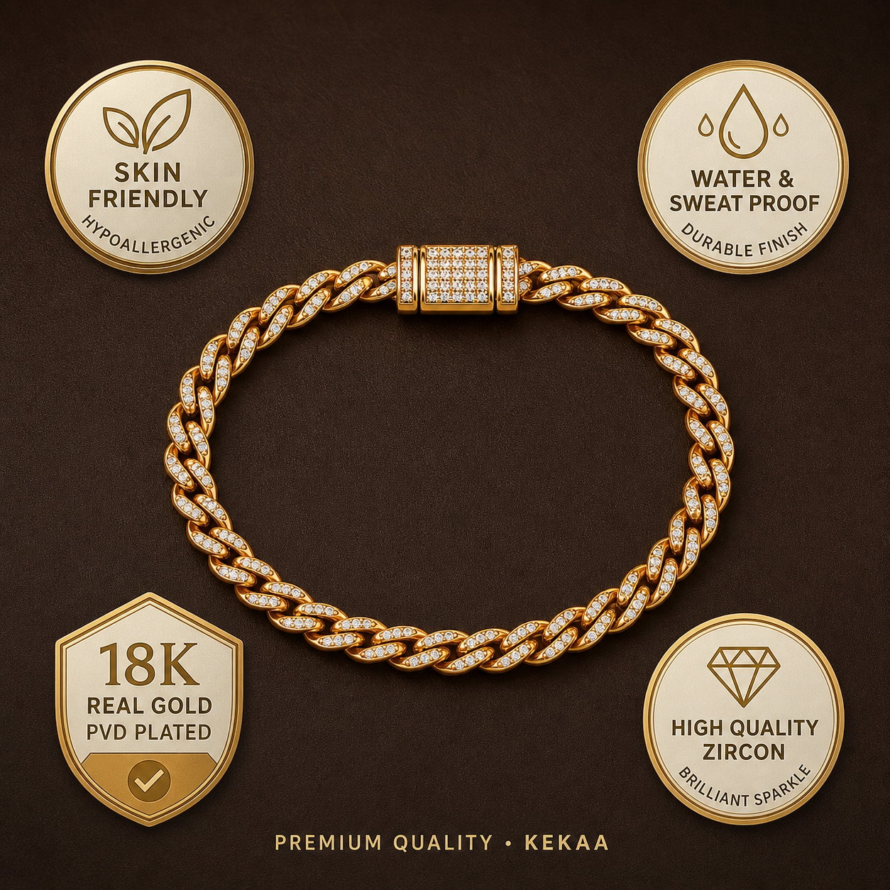 Ultra Modern Real Golden Cuban Zircon 6MM THIN Bracelet | 18K PVD Gold Plated- For Men | Includes: Bracelet