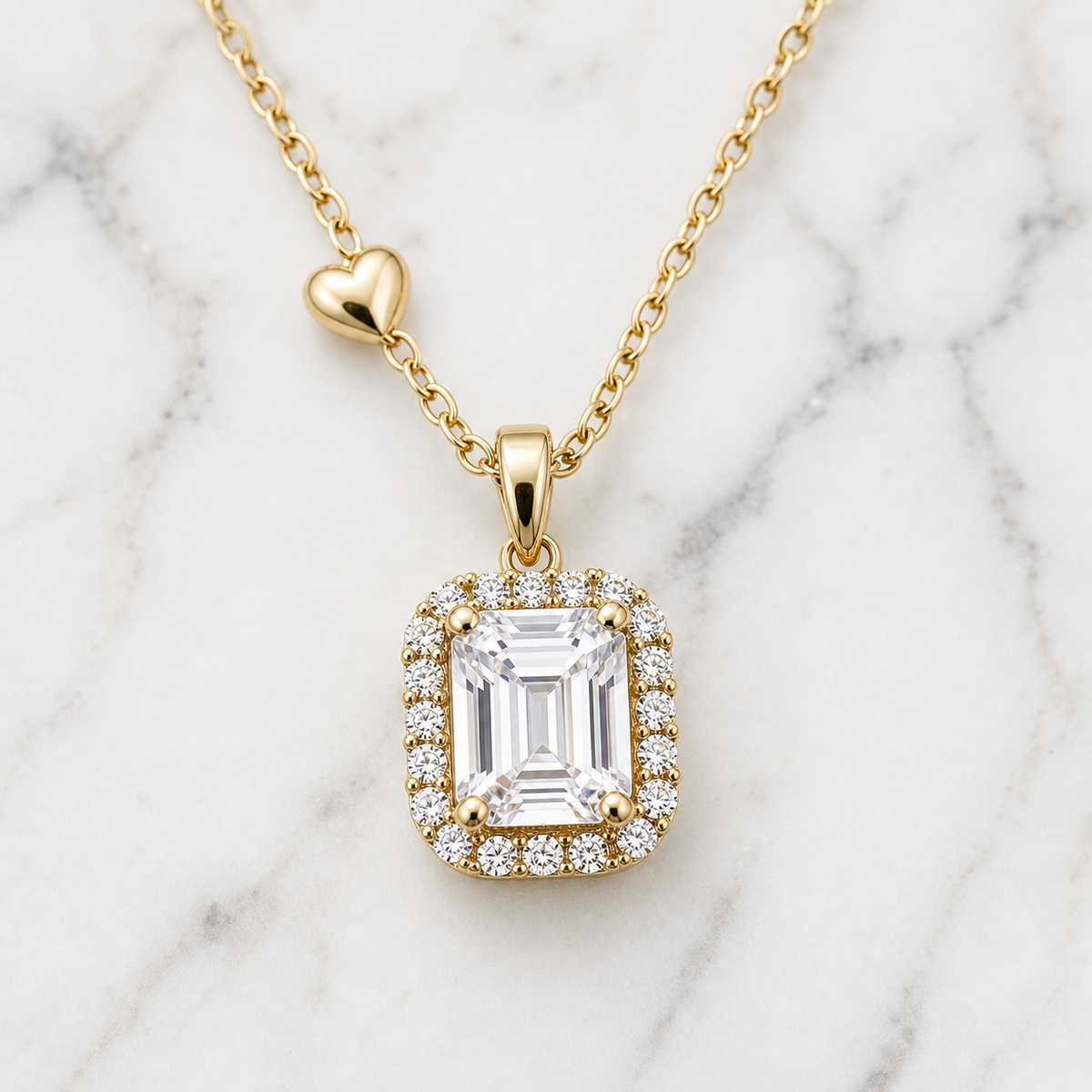 Beloved Clear RECTANGLE HALO & Heart Charm Necklace | Gold-Tone - For Women | Includes: Necklace