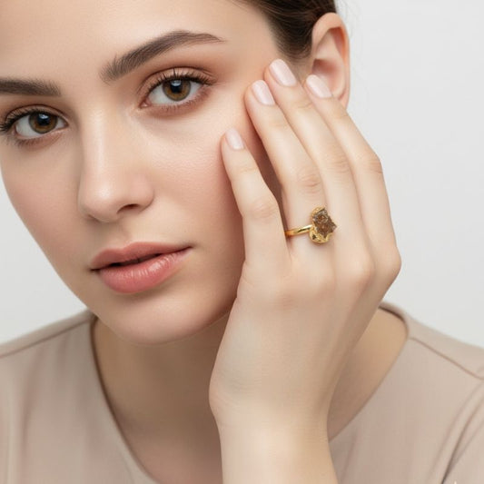 Raw Golden Glow Adjustable Ring | Rough Citrine Stone & PVD Gold - For Women | Includes: Ring